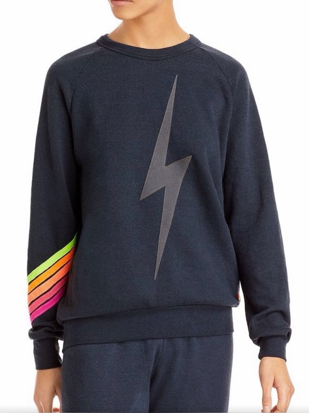 Aviator Nation Navy Lightning Bolt Crewneck with Neon Rainbow Stripe